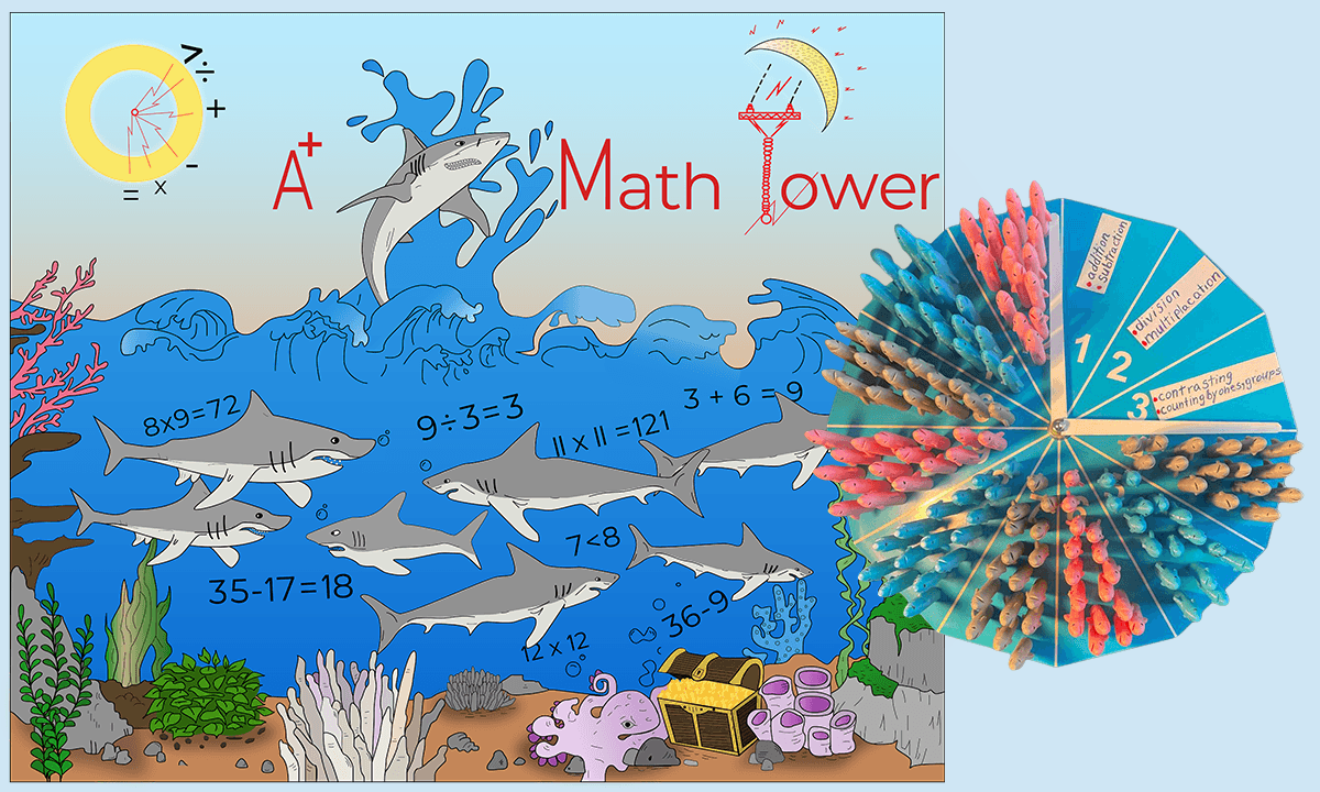 A+ Math Tower underwater illustration with sharks solving equations